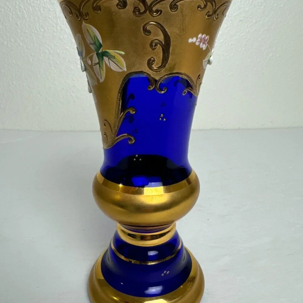 Vintage MCM Enamel Cobalt Blue Luxury Bohemian Czech Crystal Vase 24K Gold